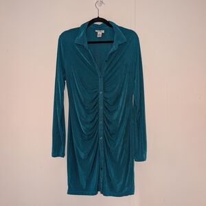 Blue Ruched Long Sleeve Dress with Notched Collar Baddie